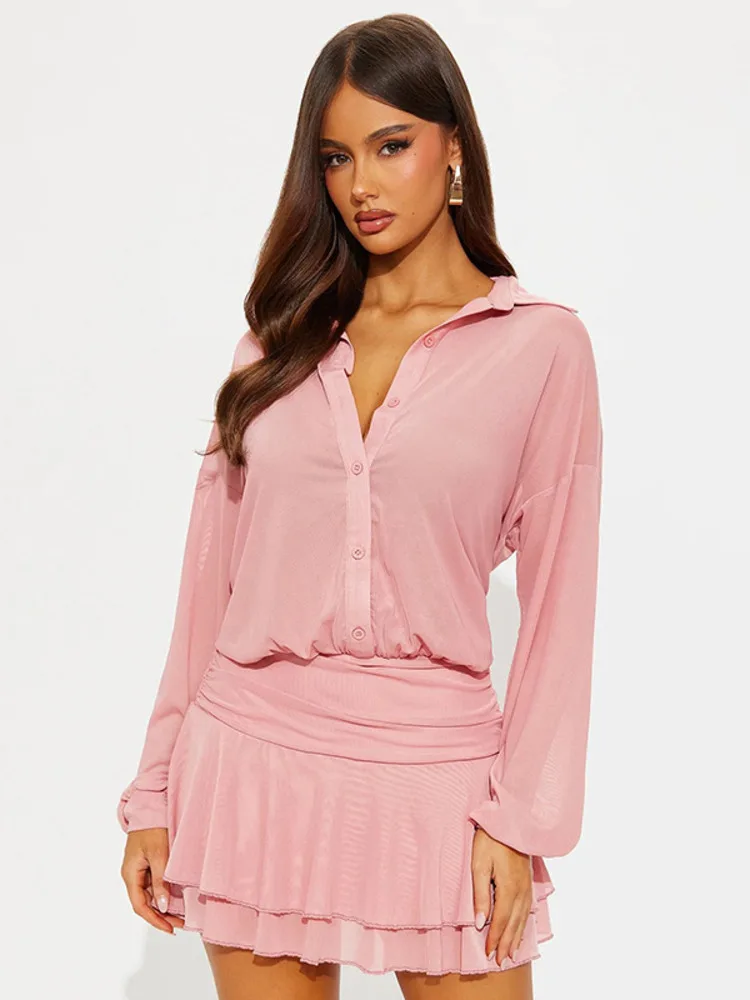Mozision Mesh See Through Manica lunga Mini abito sexy Donna Elegante colletto rovesciato Abito da festa da club con volant monopetto