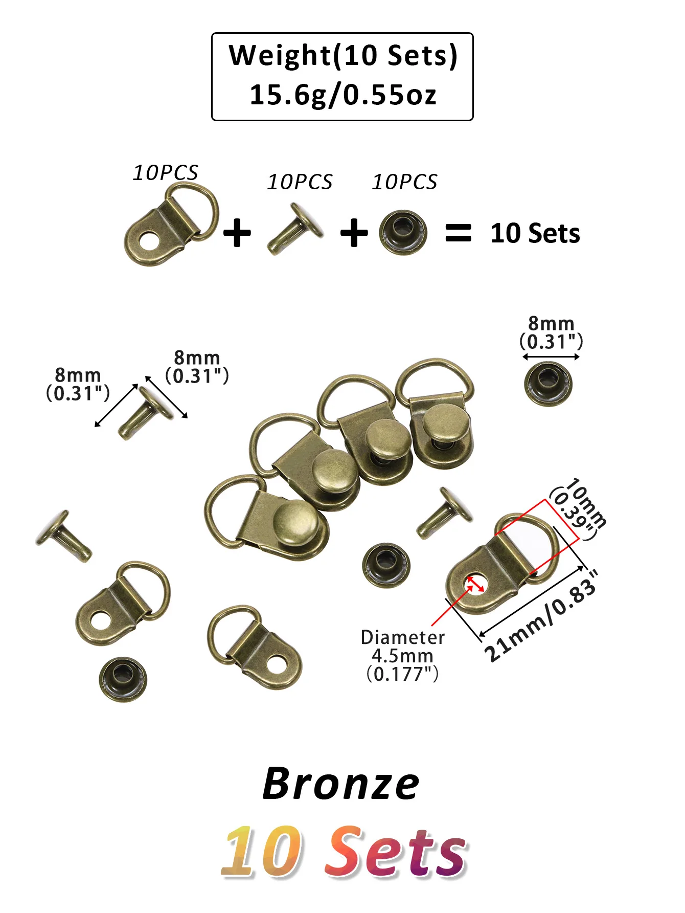 10 Sets Kupfer-D-Ring-Ösenschnallen mit Nieten für die Reparatur von Wanderstiefeln, Lederstiefeln, Schuhschlaufenringen mit Nieten – Detail 8