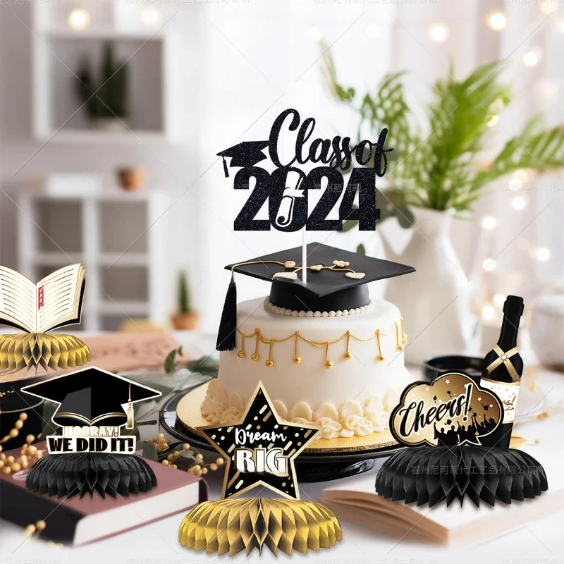 16Pcs Black Gold Graduation Season Honeycomb Ornament for University Graduation Party Classroom Podium Desktop Decoration Supply