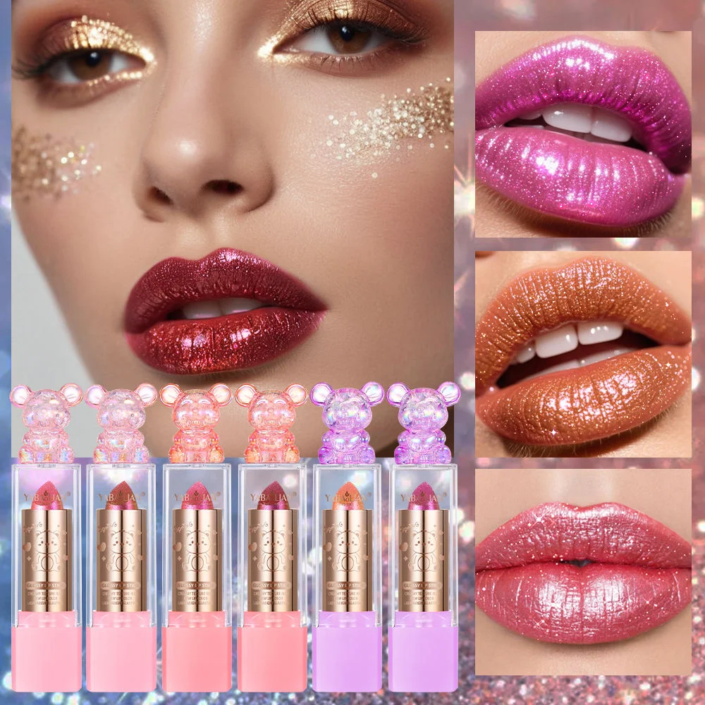 YABAOLIAN Cute Bear Decor Glitter Metallic Lipstick Shimmer Sparkling Long‑Lasting High Color Rendering Lip Cosmetic Single