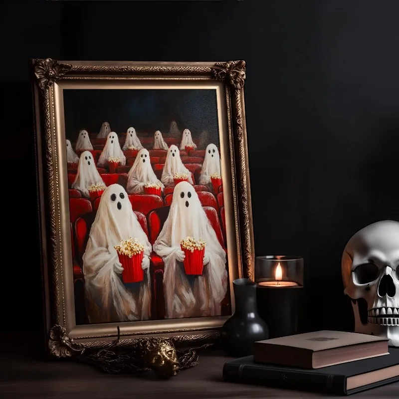 Ghosts Eating Popcorn At Movie Theater Wall Art Print Funny Spooky Vintage Cinema Halloween Whimsical Home Decor Unframed Canvas