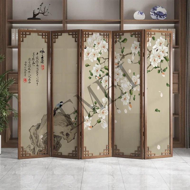 Screen folding mobile new Chinese partition living room bedroom office tea room hotel lobby solid wood flower and bird