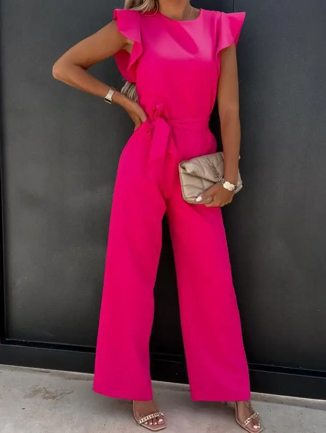 Jumpsuit mit Schnürung, hoher Taille, elegant, einfarbig, gerade geschnitten, modische Rüschenärmel, Dating-Jumpsuit – Detail 5