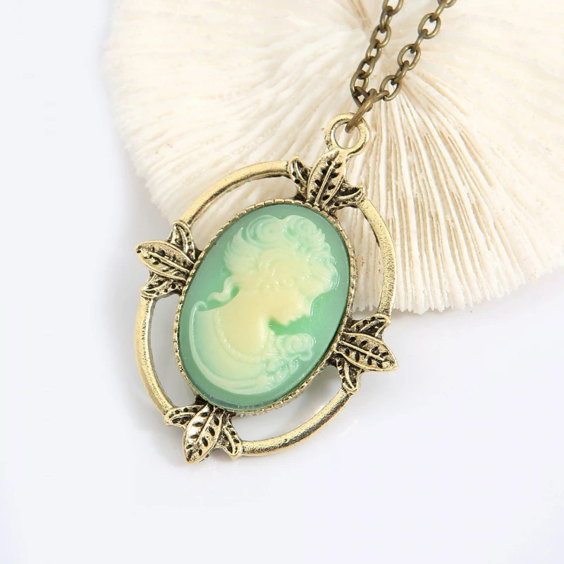 Vintage Style Bronze Light Blue Cameo Necklace The Vampire Diaries Katherine Beauty Head Pendant Necklace For Women