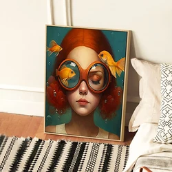 Cartoon Childlike Girl Wearing Glasses in Water Illustration Wall Art Canvas Painting Poster for Living Room Home Decor Trends