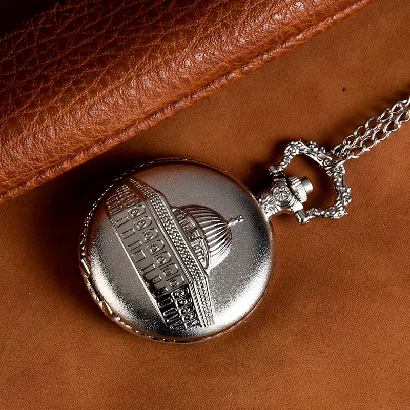 Classic large silver pocket watch Ancient palace castle design pocket watch quartz watch long necklace wall watch