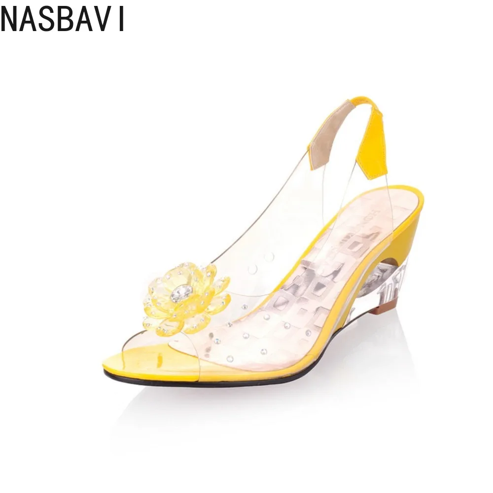 

NASBAVI New Fashion Flower Transparent Sandals Wedge Women Shoes Large Size Sandals Women Size 34-43