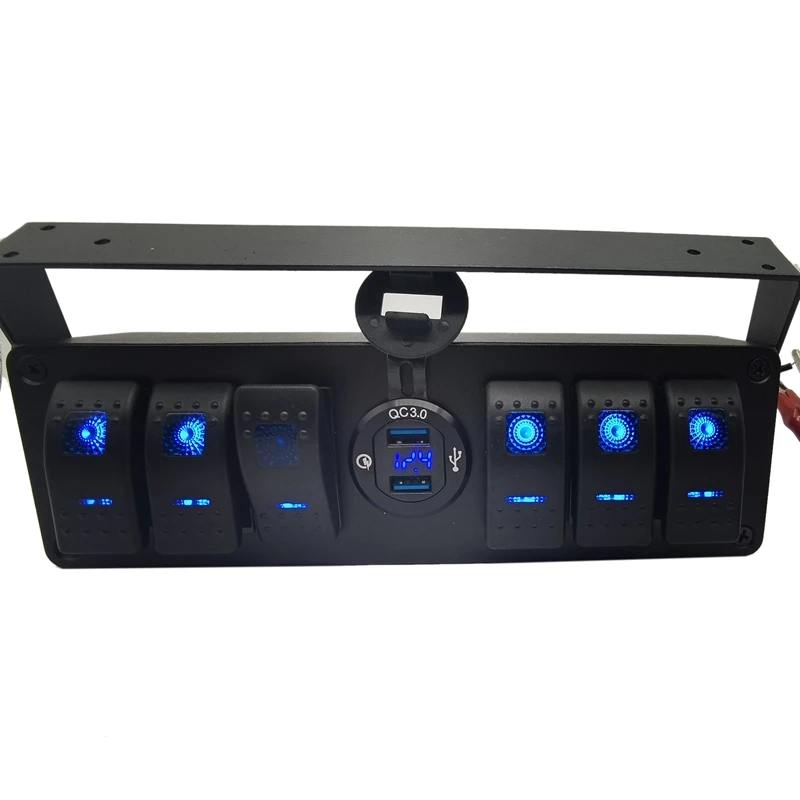 

6 Gang Rocker Toggle Switch Panel W/Quick Charge 3.0 USB Charger & Voltmeter Marine Boat Truck Car 12V-24V Blue Led