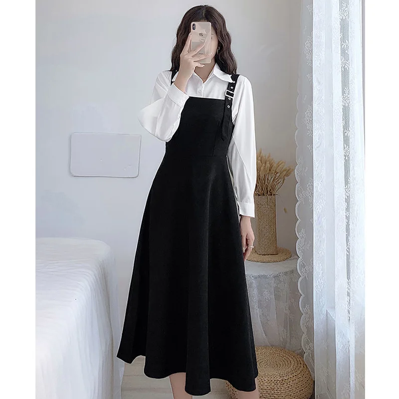 

Temperament Loose White Puff Sleeve Shirt Women Elegant Lolita Suspender Strap Black Dress Suit For Teenager Girl School Student