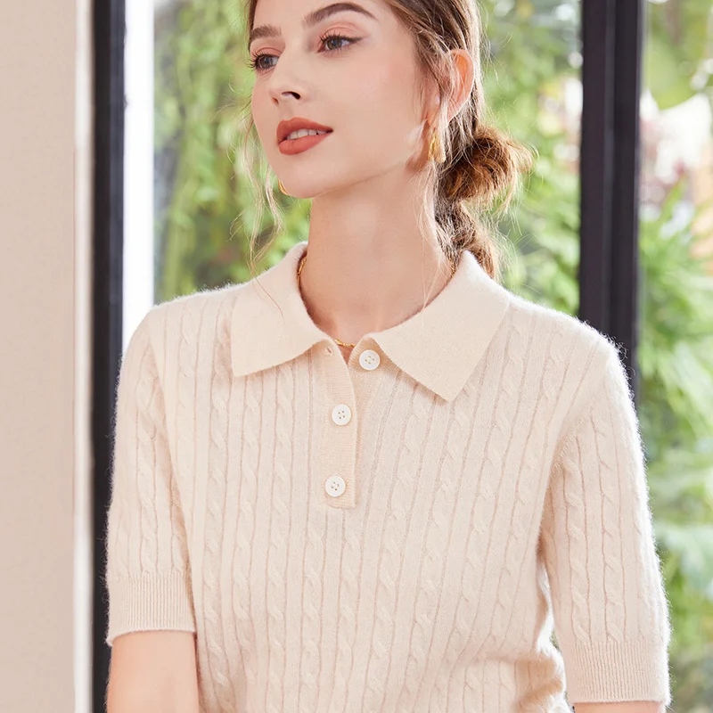 

Свитер из чистого кашемира, женский вязаный свитер с воротником-поло, вязаный топ из мериносовой шерсти, мягкий теплый пуловер с короткими рукавами, модная одежда