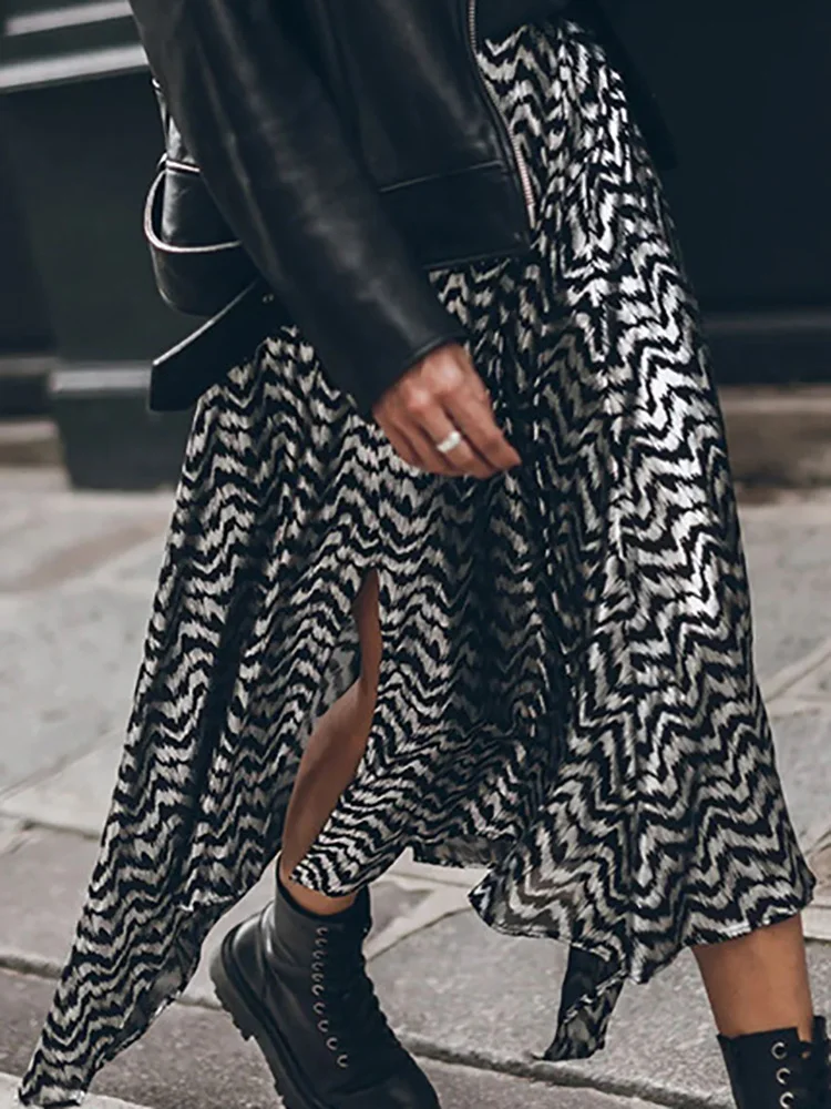 Women Print Patchwork Slit Elastic Waist Skirt Casual Lady Streetwear Vintage Long Skirt Spring Summer Loose Ankle-Length Skirt