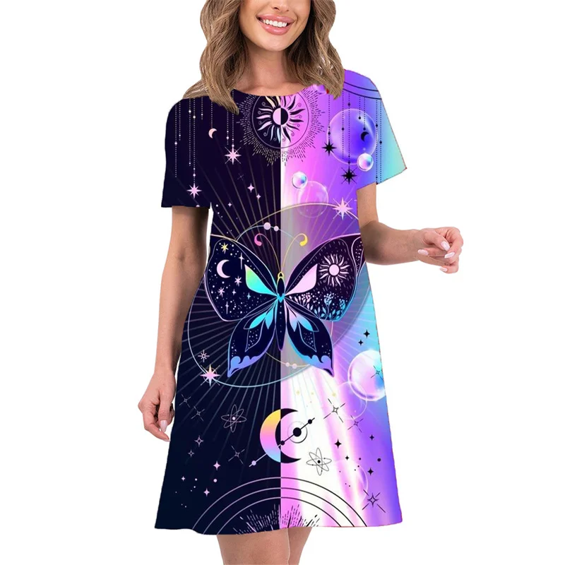 

Fashion Stars Moon Butterfly Print Women Dress Cute Sweet Pattern Short Sleeve Mini Dress Summer Casual Loose Girls A-Line Dress