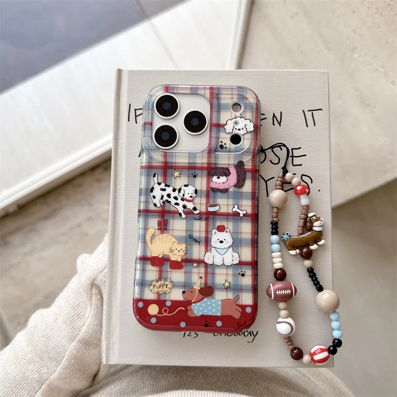 Корейский чехол для телефона с красным, синим клетчатым узором для iPhone 16 Pro 15 14 17 Pro Max, задняя крышка с ремешком-цепочкой, защитные чехлы для Gir