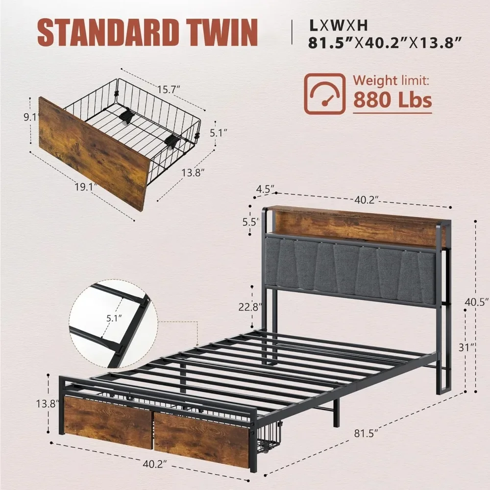 Bed Frames with Headboard, Upholstered Bed Frames with Storage and Charging Station & LED Lights, No Box Spring Needed Bed Frame