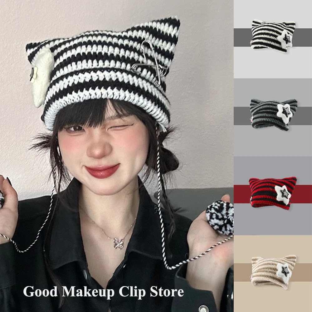 

1Pc Y2K Japanese Streetwear Harajuku Beanie Little Devil Striped Knitted Hat Women Autumn Winter Bonnet Cute Cat Ears Cap