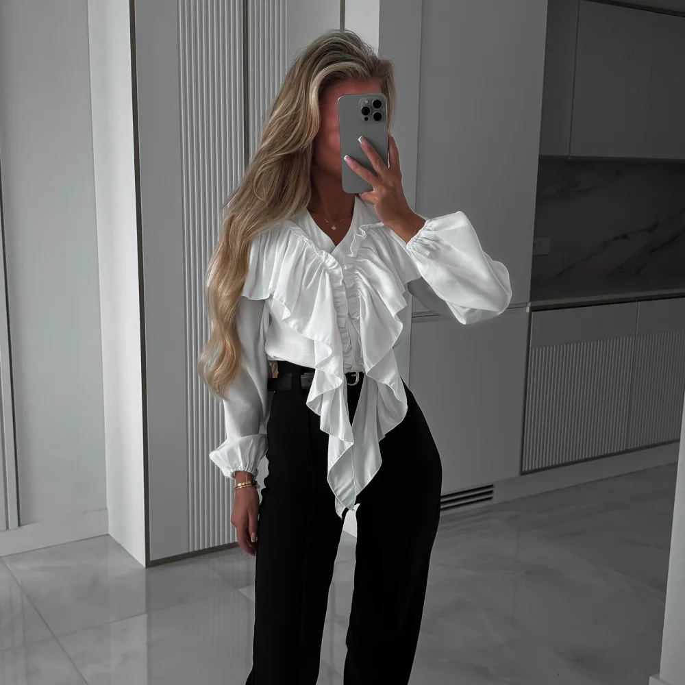 Women's New Spring Autumn Blouse Elegant Workplace Ruffled Design Casual V Neck Sophisticated Top