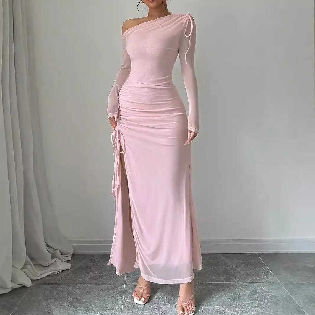 Suninheart High End Mesh Long Sleeved Diagonal Shoulder Pleated Slit Long Skirt One Shoulder Pink Dress  Sweet Girl Style 2025