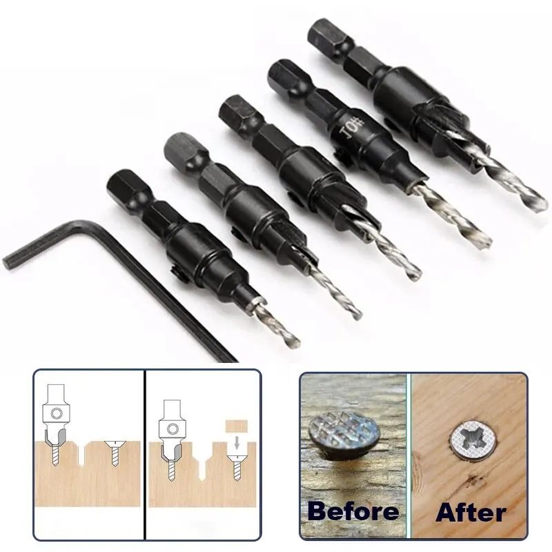 Countersink Drill Bit Set for Wood Counter Sink Wood Pilot Screw Hole Cutter Counterbore Reamer Tapered Chamfer Woodwooking Tool