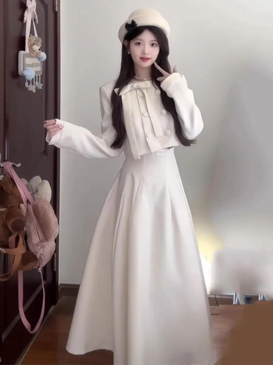 Fashionable Pearl  Knot A-Line Skirt Set Ms XIDU South Seas Rich Girl Autumn Collection Long Sleeve round Neck Button