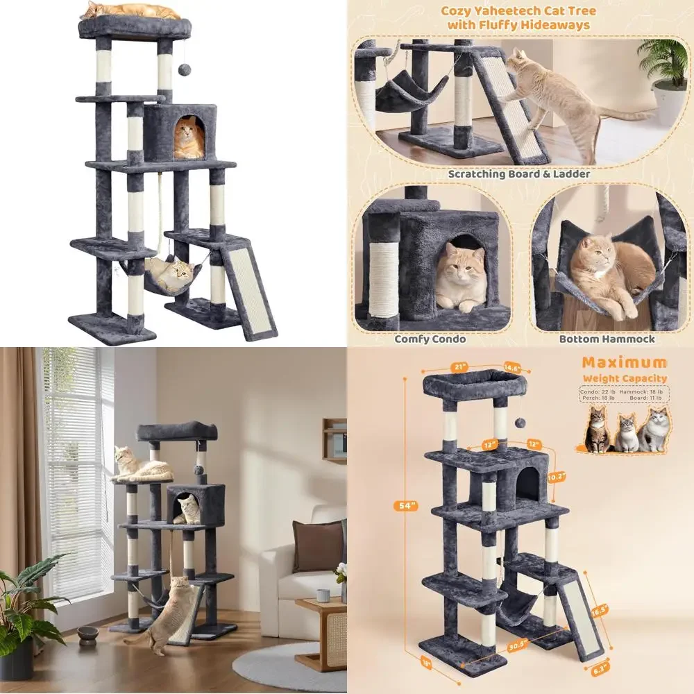 

Многоуровневая башня для кошачьего дерева для помещений с гамаком, когтеточками, кондоминированием и расширенной платформой для мебели для домашних животных