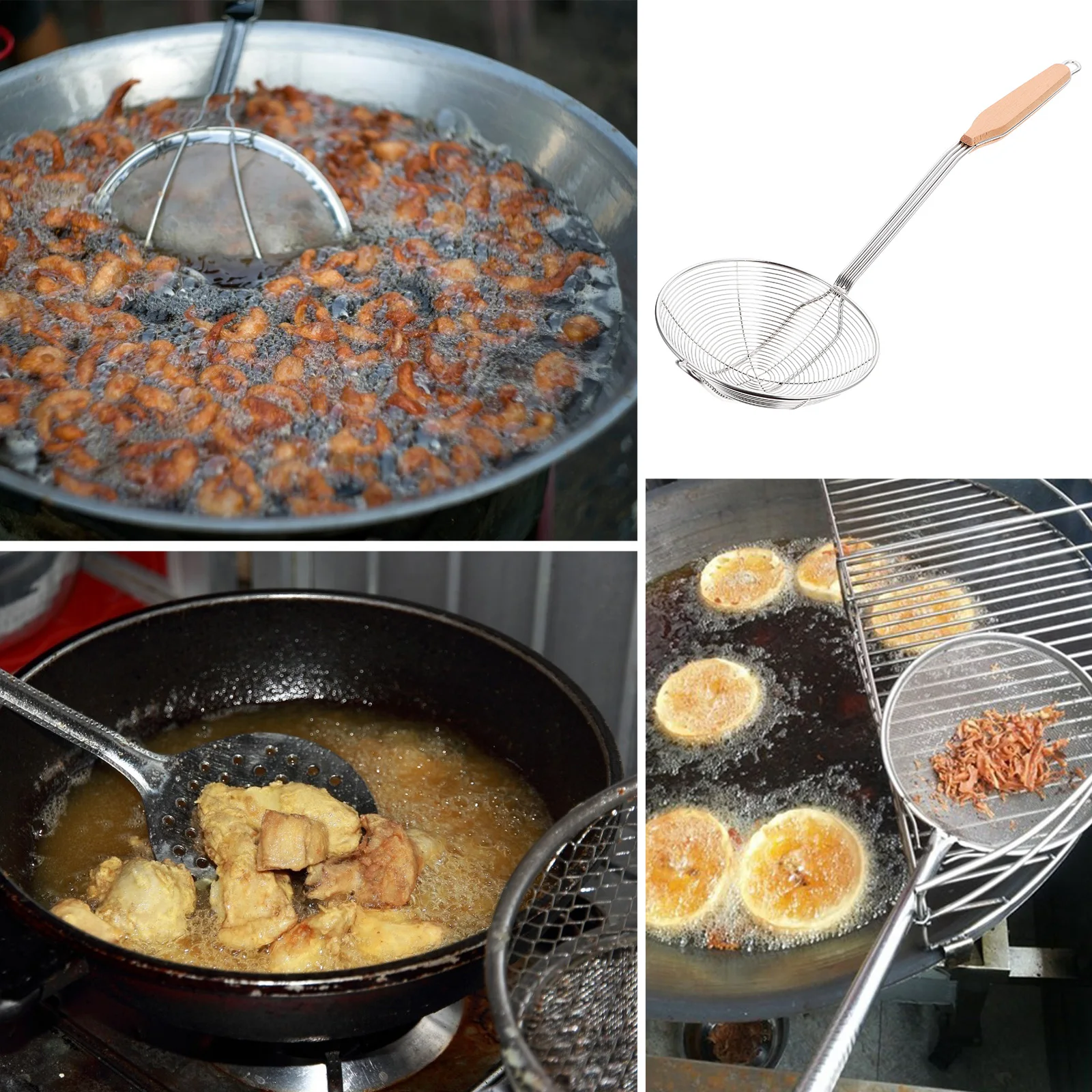 

Stainless Steel Frying Skimmer Spoon Long Handle Heat Resistant Wooden Grip Oil Soup Strainer Ergonomic Separator For
