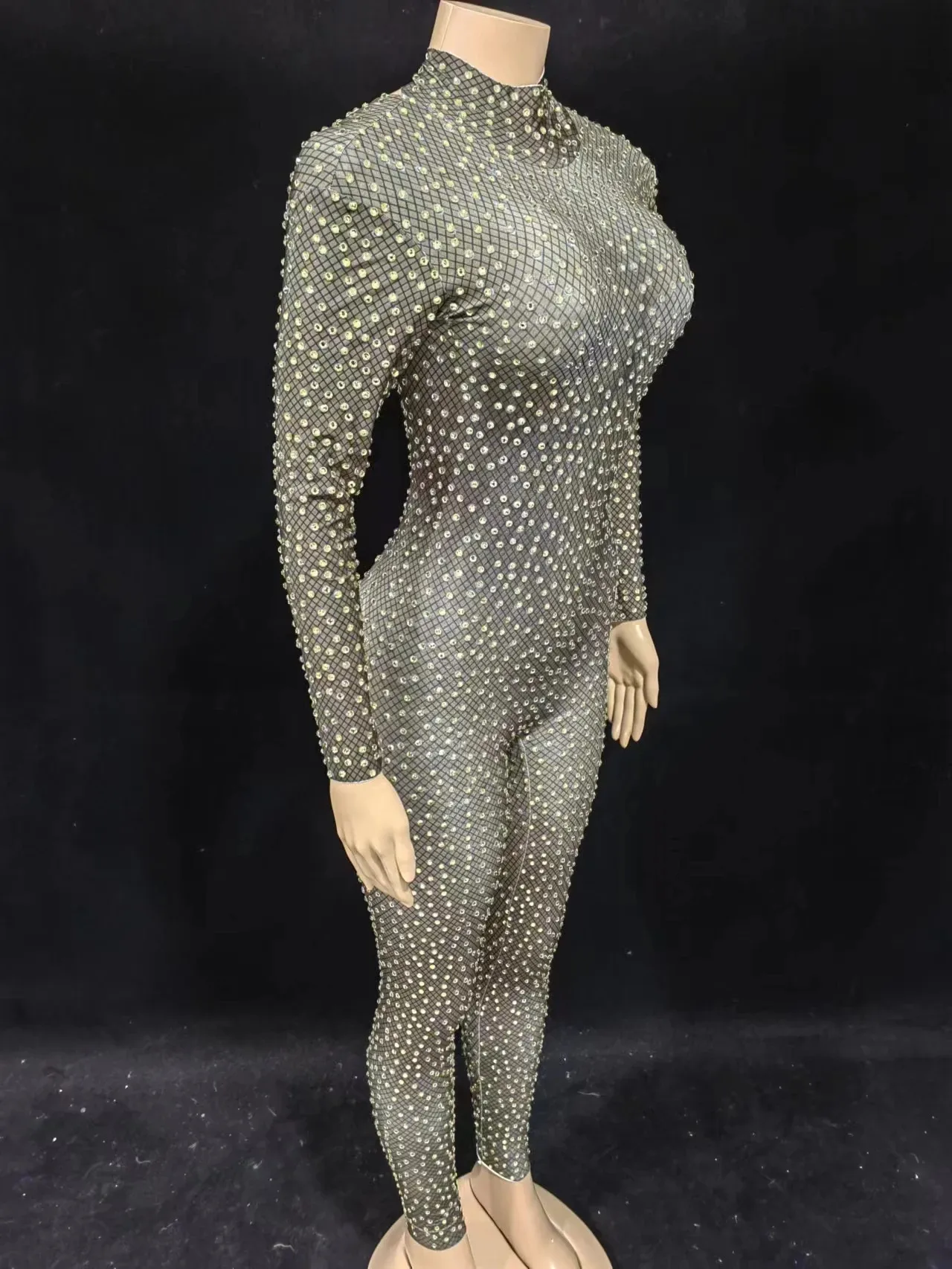 Full Rhinestones Jumpsuit Women Elastic Long Sleeve Crystal Rompers Sexy Party Rave Outfit Nightclub Bar Stage Wear