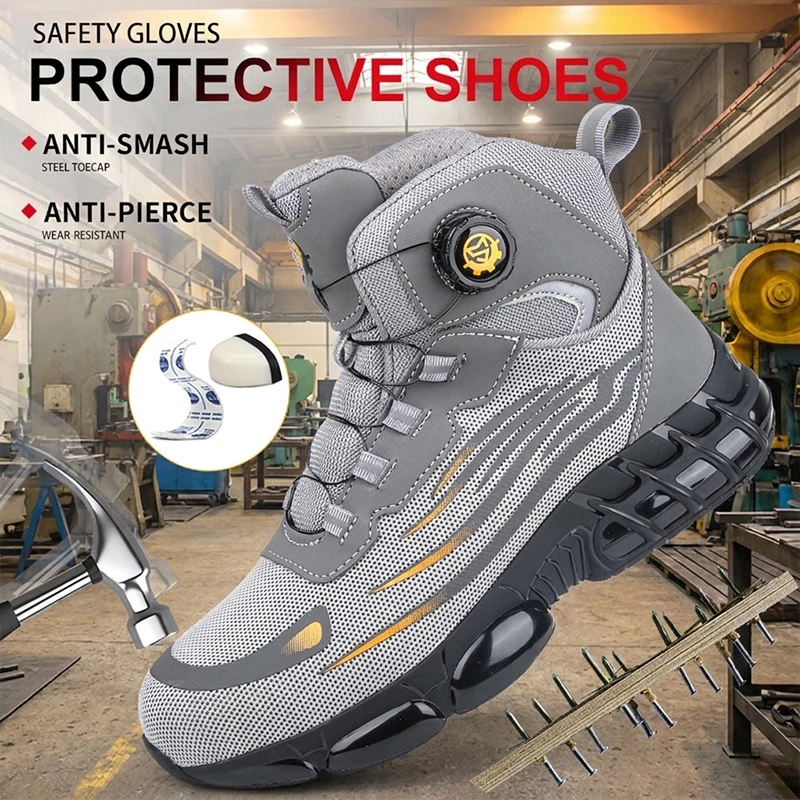 nisex High Rise Mesh Upper TPU Sole Rotating Lacing Steel Toe Anti-Puncture Impact Resistant Safety Boots for Outdoor