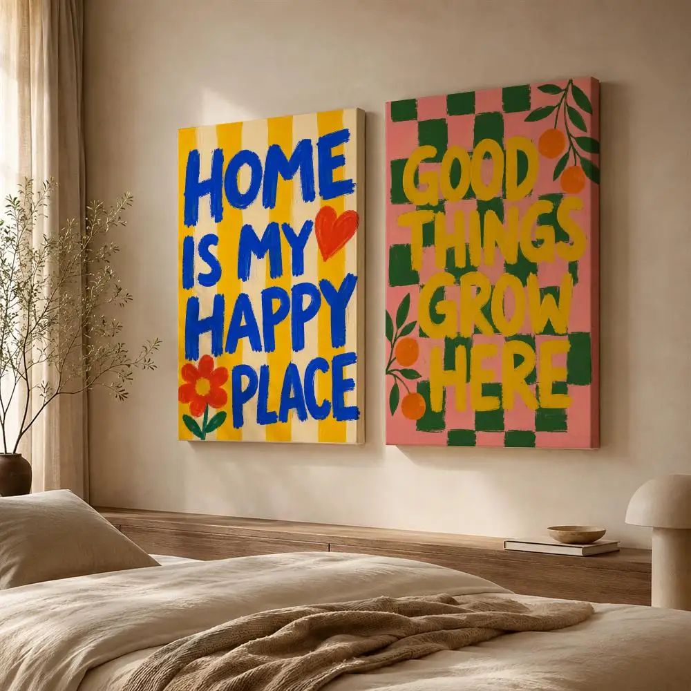 Home Is My Happy Place Framed Wall Painting Ready to Hang Canvas Art Poster for Living Room Bedroom Home Decor Decals