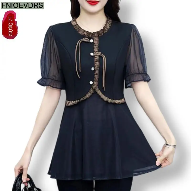 

L-5XL Loose Clothes 2024 Summer Retro Button Tops Short Sleeve Women Tunic Office Lady Patchwork Ruffles Peplum Shirts Blouses