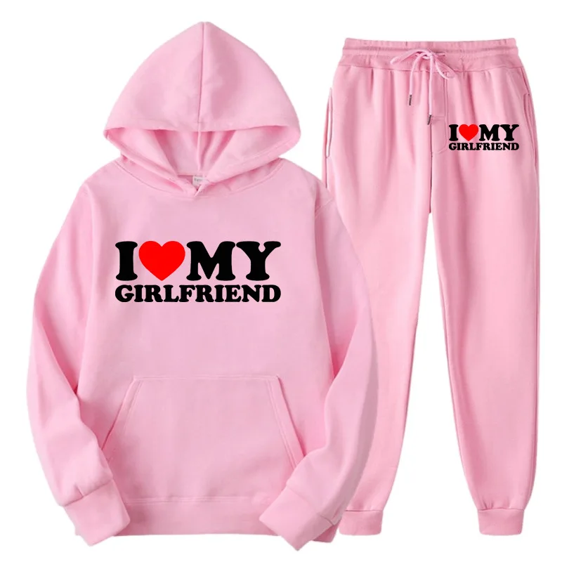 New I LOVE MY GIRLFRIEND Print Men Women Tracksuit Hoodies Thick Pullover and Long Pant Set Men Autumn Fleece Jogger Sports Suit