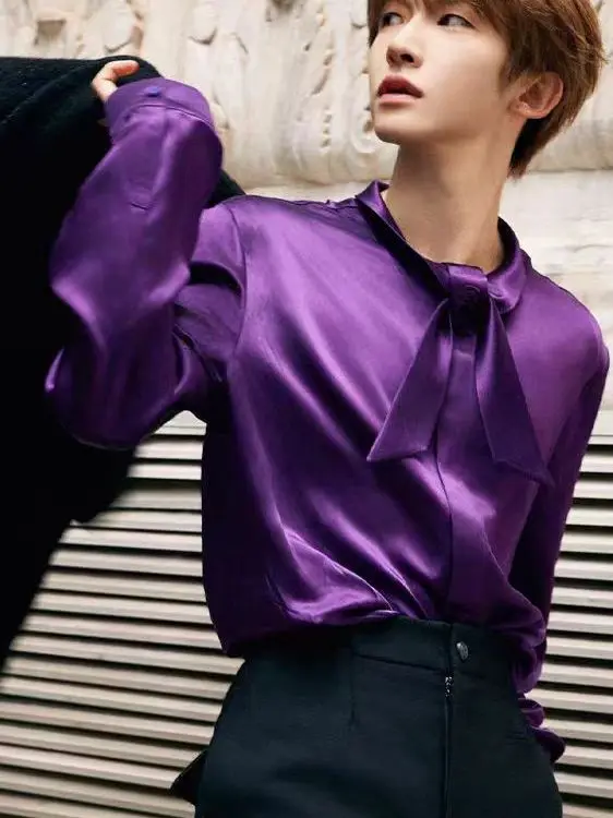 

Purple Silk Satin Long Sve irt Smooth Drapey Ele Youthful Sle for Men And Women Casual Fit Gather Stage Wear