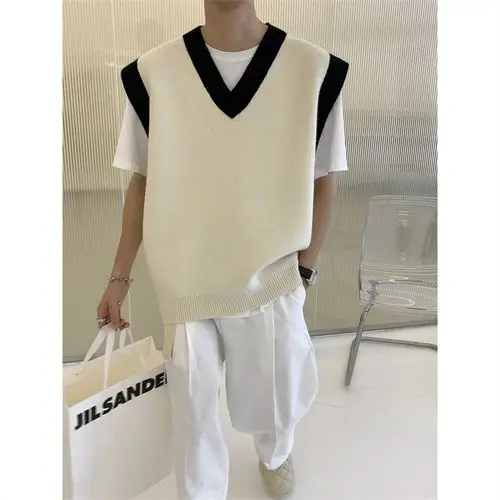 

Korean Sweater Vest Men's Fashion Knitwear Solid Color Casual V-neck Knitted Pullover Men Loose Knitting Sweaters Clothes B282