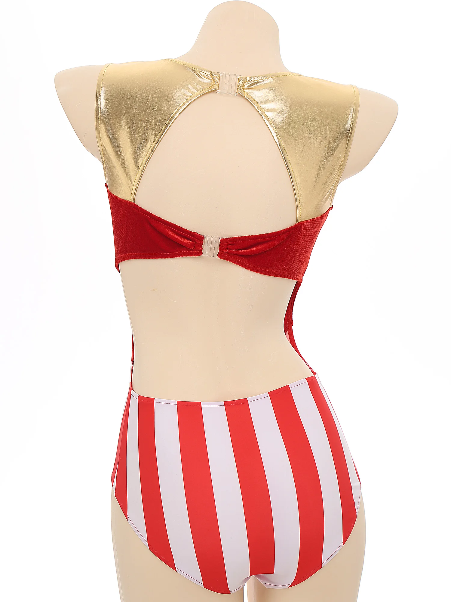 Womens Christmas Eve Candy Cane Bodysuit Sleeveless Backless Leotard Xmas New Year Party Santa Claus Cosplay Costume Clubwear