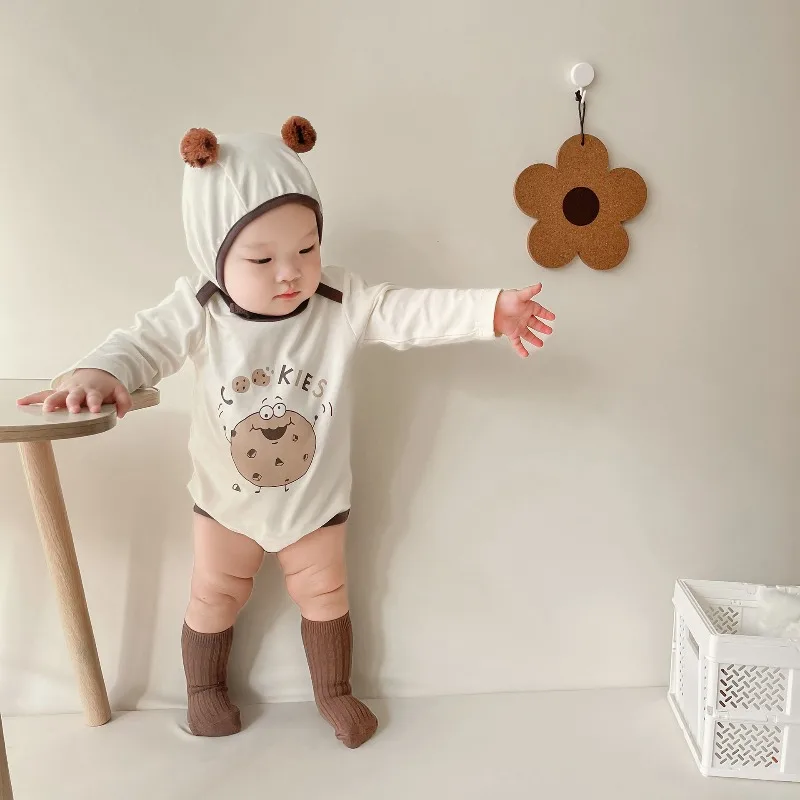 Long Sleeve Round Neck Bodysuit Cap Socks Korean Style Baby Girl Boy Spring Autumn Jumpsuit Cute Cartoon Romper Set