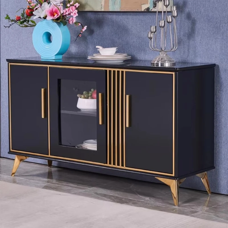 High-end Luxury Modern Dining Room Sideboards Storage Furniture Sets Cream Black Gold Sideboard with Stainless Steel Top