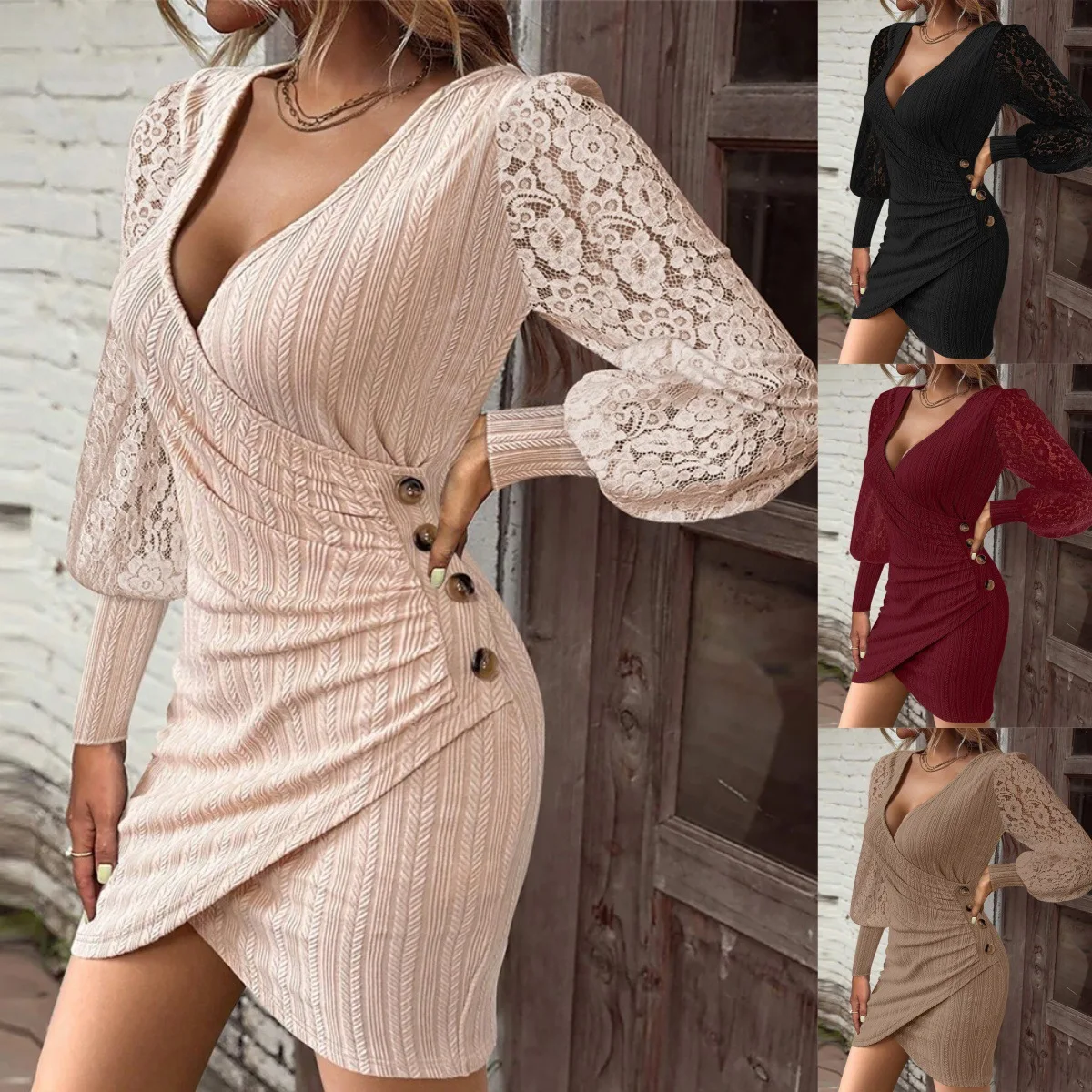 Hot Selling Solid Color V-neck Slim Fit Sexy Long Sleeved Tight Fitting Hip Hugging Skirt for Women