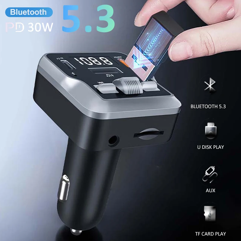 Car Bluetooth 5.3 FM Transmitter Wireless Bluetooth Car Adapter MP3 Player Handsfree Call Dual USB PD Fast Charger Roller Wheel