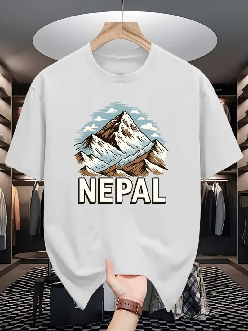 Men's Nepal-Themed T-Shirt, Nepal Map & Himalayan Mountains Print Short Sleeve Shirt, Casual Round Neck, Summer Travel, Trekking