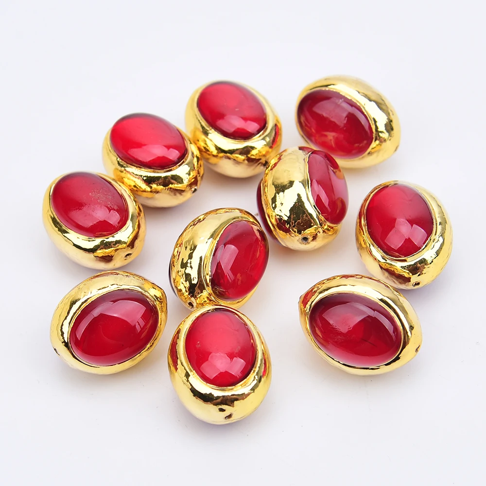 APDGG 5 Pcs Oval Shape Red Quartz Colored Gemstones Gold Edged Egg Beads For Necklace Earrings DIY Jewelry Findings