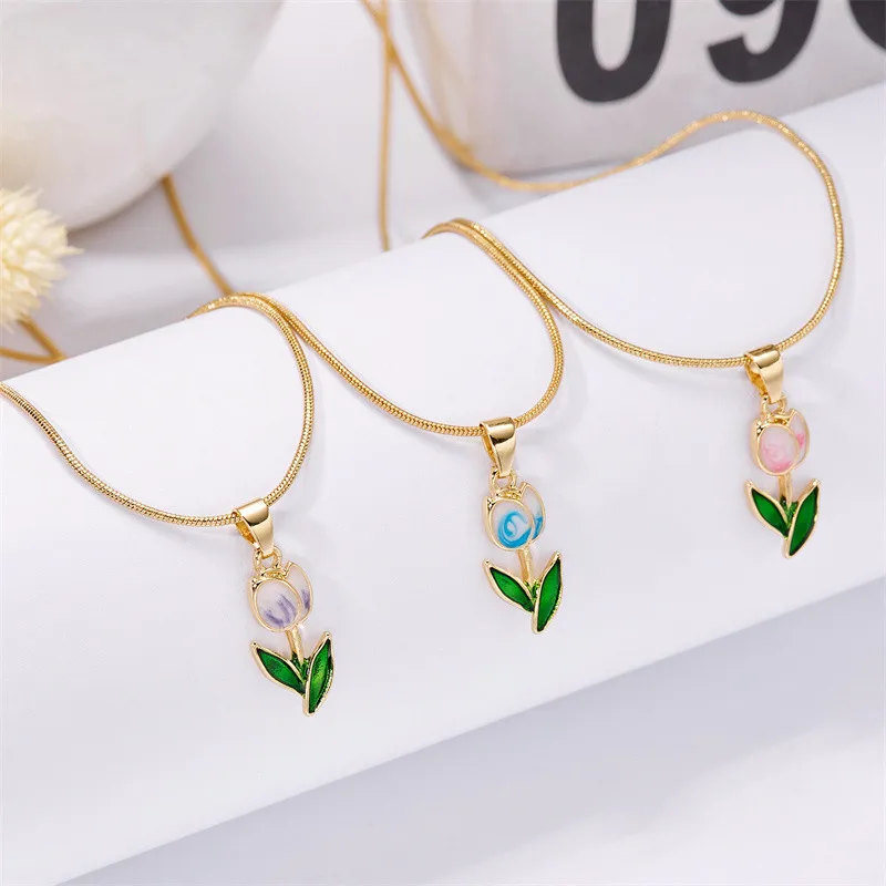 Vintage elegante Emaille-Halskette mit Tulpenblüten-Anhänger für Damen, modische Accessoires für junge Persönlichkeiten, Schlüsselbeinkette, Choker. – Detail 1