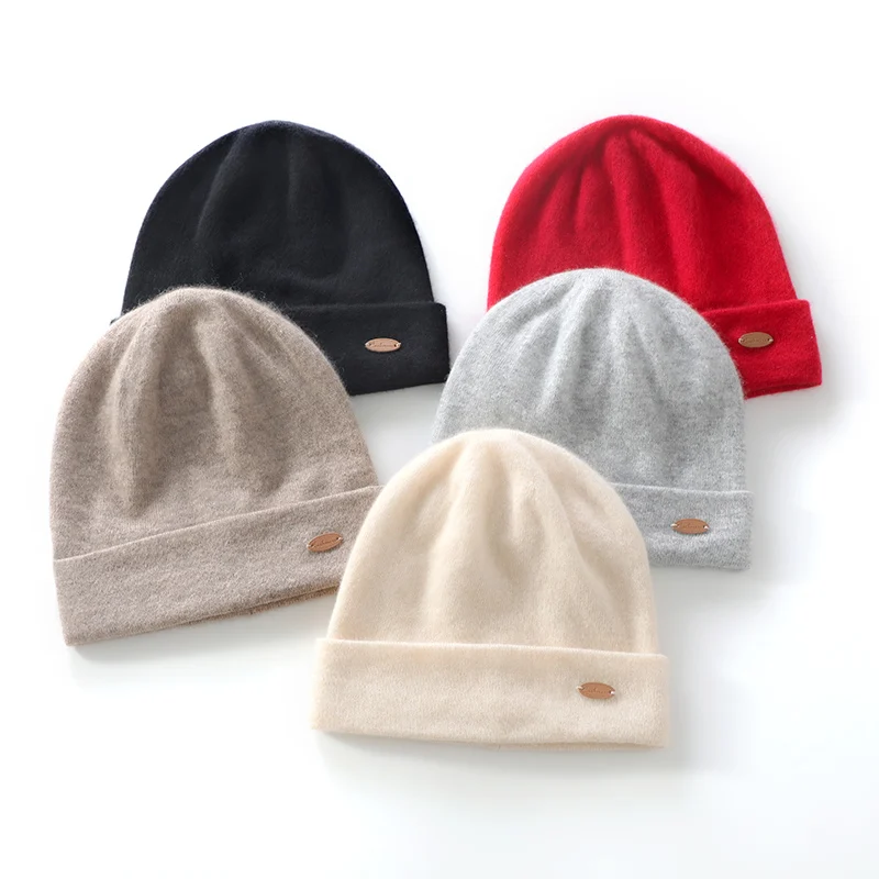 

100% Cashmere 2-Layers Beanies Solid Knit Caps Unisex Hat Casual Men New Year Special Price Basic Soft Women Warm Hair Bonnet