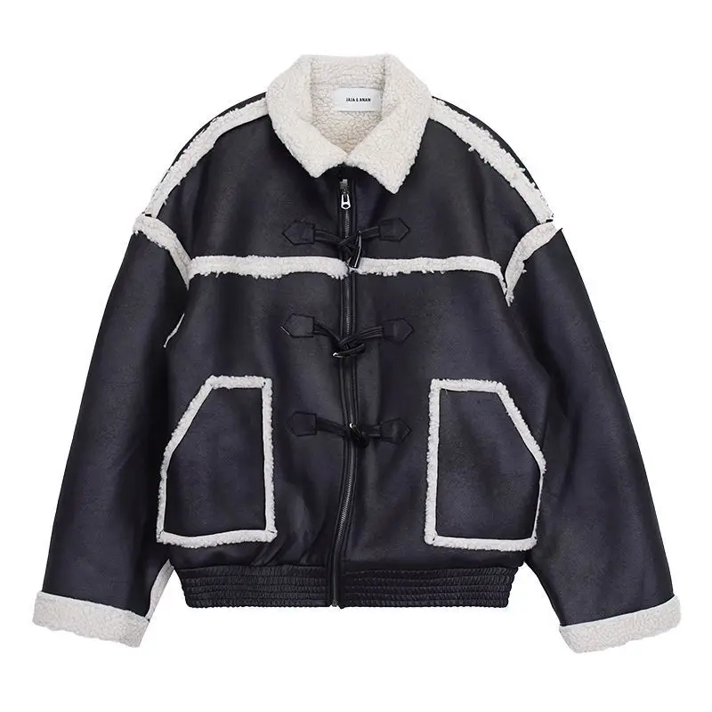 WTHT Fashion Men's Spliced Leather Contrast Color Design Coats Trendy Lapel Single Breasted Jackets Male 2025 Autumn 2A2274
