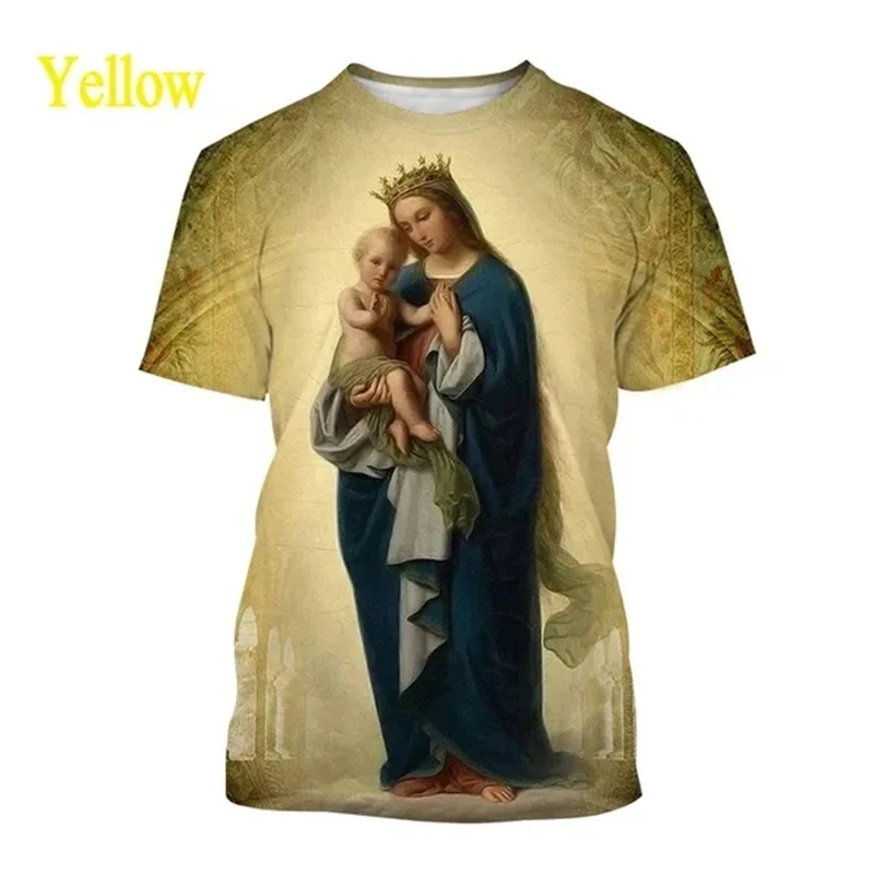 Virgin Mary 3D Printing T Shirt Summer Fashion Christian Mother Of God Pattern Short Sleeved Unisex Street Faith Casual T-Shirt