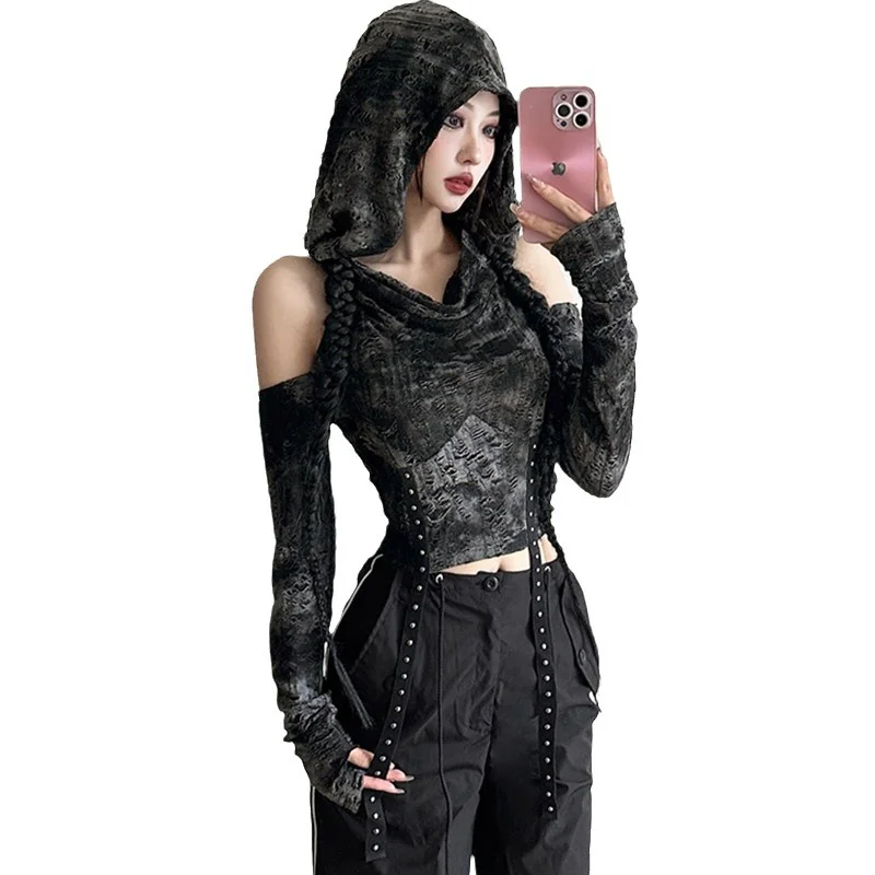 2024 New Waste Soil Style Handmade Hooded Strapless Long Sleeve T-shirt Female Thin Personality Short Tops Tees Women\'s Clothing