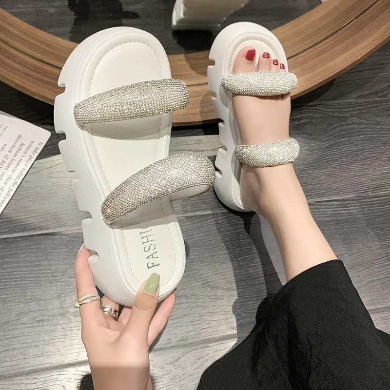 COOTELILI 2022 New Fashion Slippers Women Platform Summer Women Slippers Slip On Diamond Decoration 5cm Heel Casual 35-40