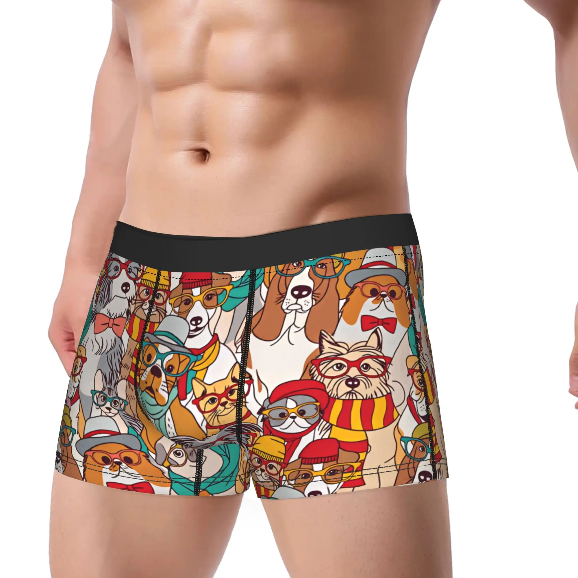 Fashion cats and dogs in glasses color seamless pattern Underwear  Funny Panties Printed Boxer Brief Man 3D Pouch Boxer Shorts