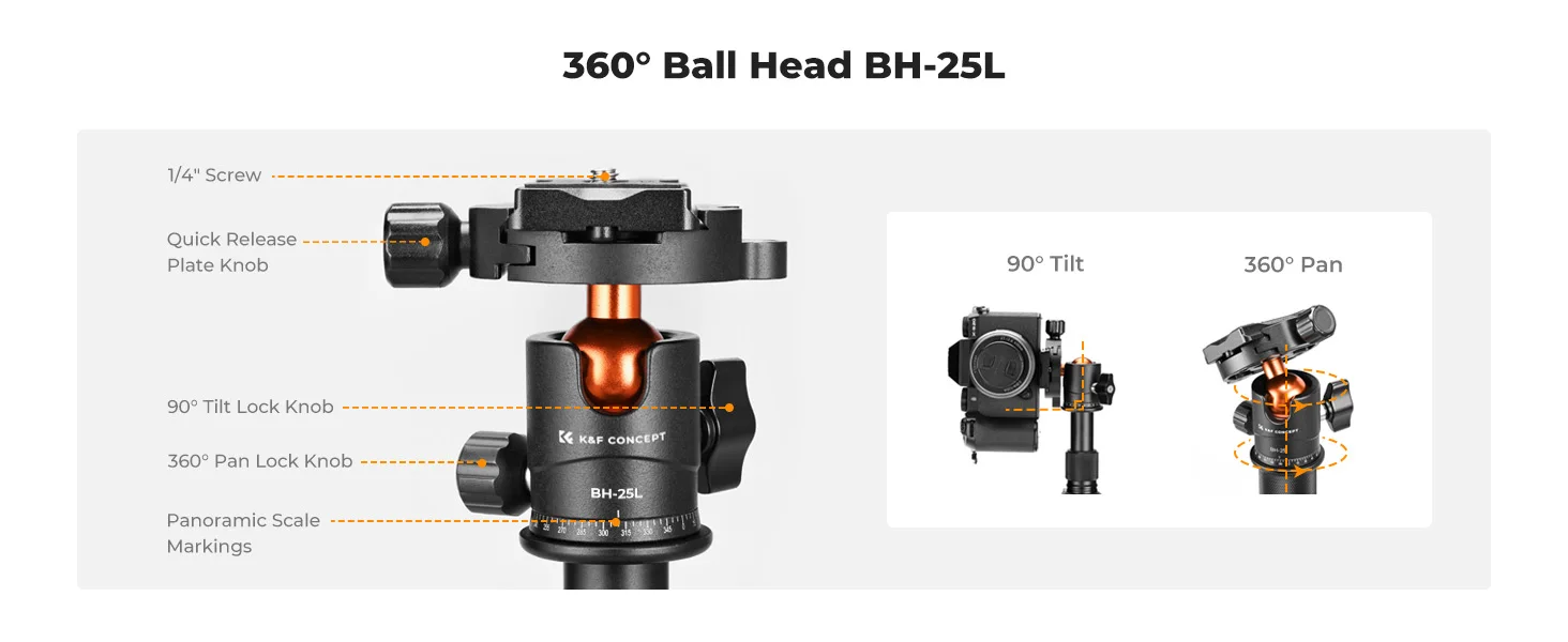 K&F CONCEPT S225A0 52cm Mini Tischstativ mit 360° Kugelkopf, 1/4'' Schnellwechselplatte für Kamera und Video Kompakte Desktop Stative – Detail 6
