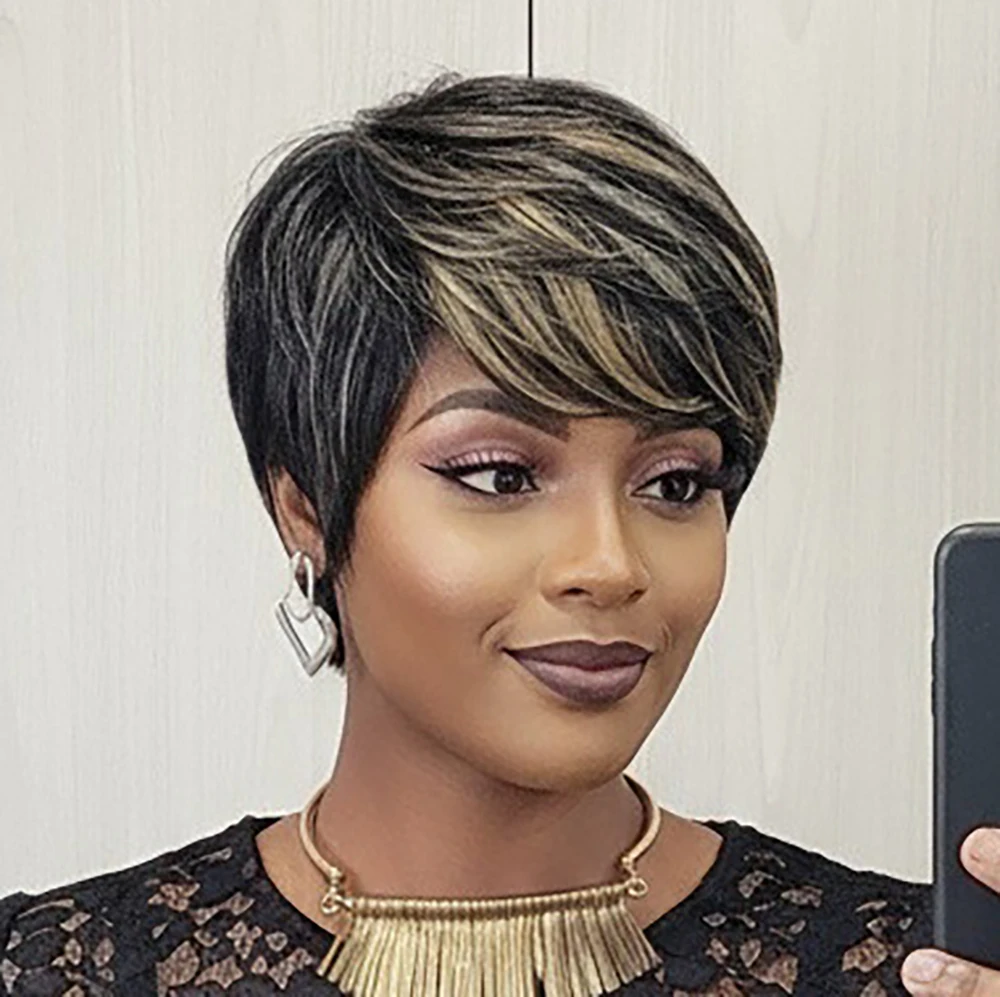 باروكة شعر بشري برازيلي مستقيمة ذات ألوان مختلطة، باروكات شعر بشري برازيلي، طبقات قصيرة مع غرة مقطوعة مسبقًا للنساء مصنوعة آليًا بالكامل