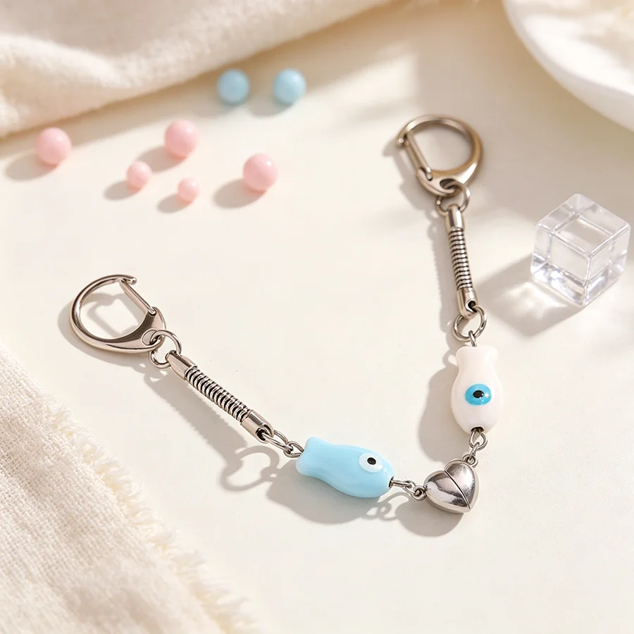 Creative 2Pcs/Set Ceramic Fish Keychain Unisex Lobster Claw Buckle Magnetic Heart Bag Key Hanging Trinket Couple Friends Keyring