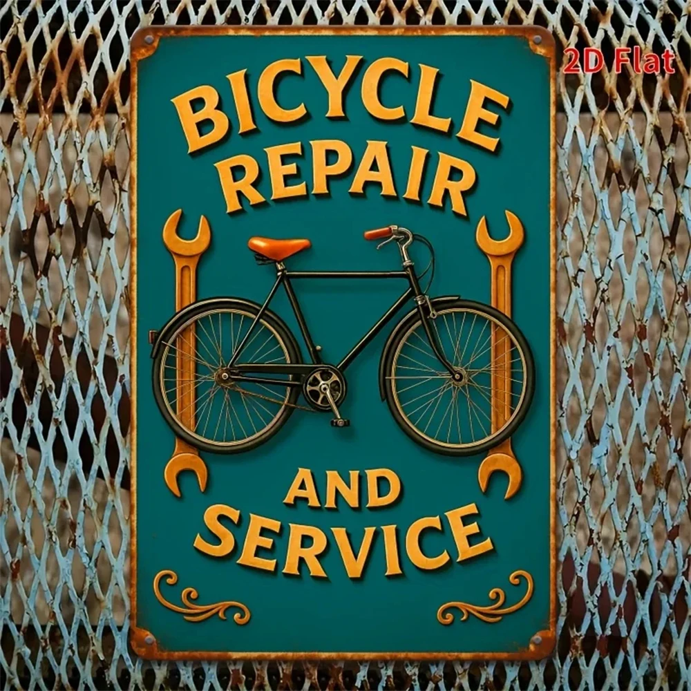 Bicycle Repair and Maintenance Metal Sign - Rustic Green with Orange and White Accents, Perfect for Home, Garage, Bar, Cafe Decoration, B